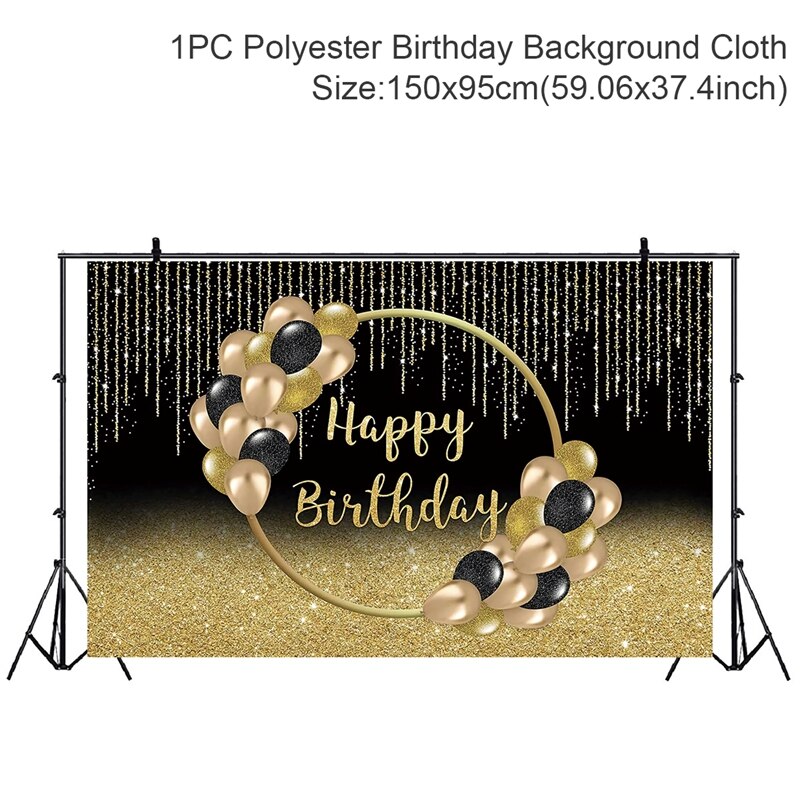 Happy Birthday Backdrop Banner Large Black Gold Balloon Star Poster Booth Backdrop Birthday photo Background Wall Party Decor: 2