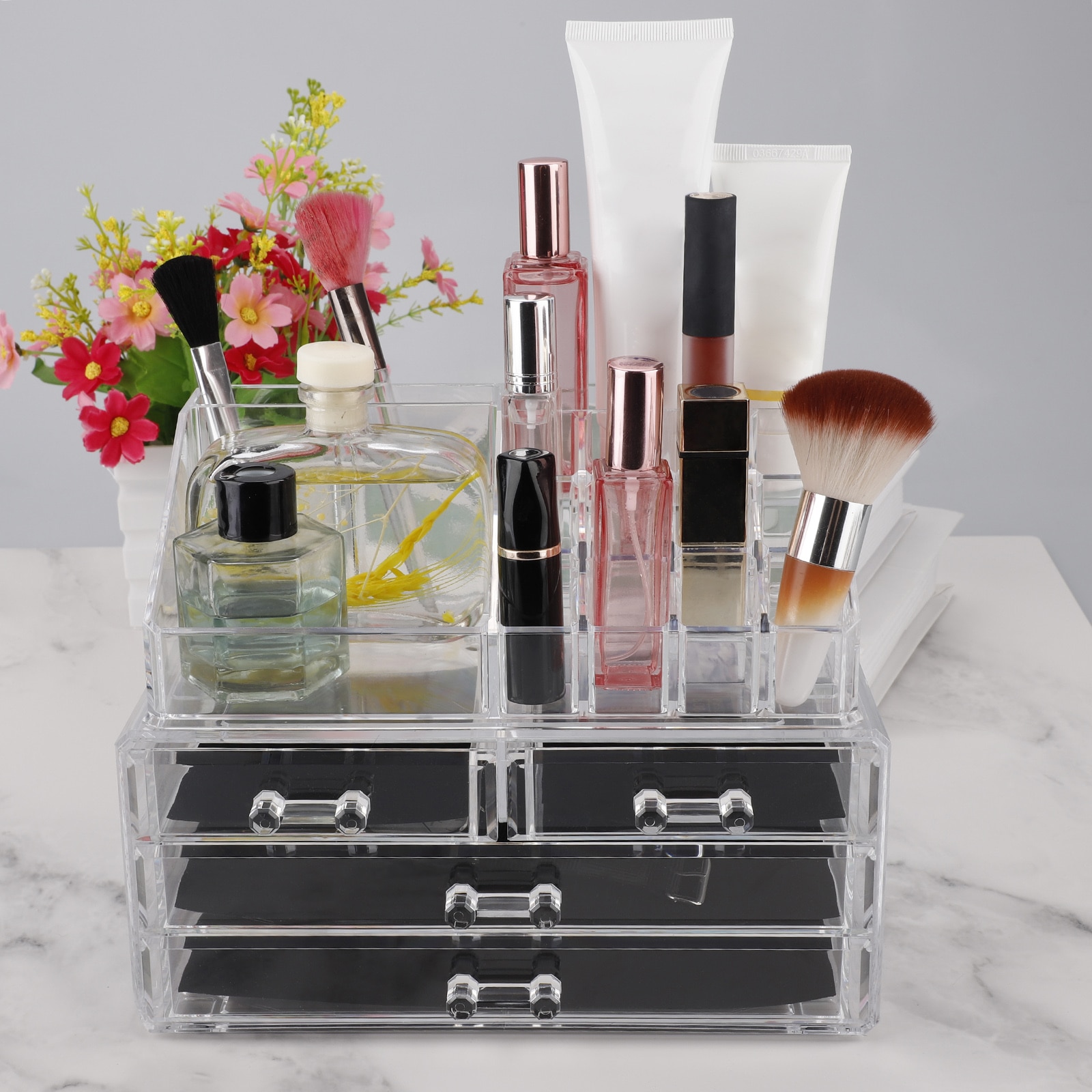 Organizador de maquillaje transparente, compacto, estantería, colorete, resaltador, sombra de ojos, soporte de exhibición, cajón de caja de almacenamiento de cosméticos