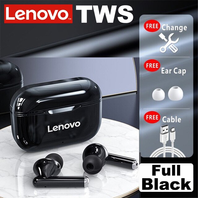 Lenovo-auriculares inalámbricos LP1 con TWS, cascos deportivos impermeables con Bluetooth 5,0, micrófono con cancelación de ruido, estéreo Dual, HIFI, bajos táctiles: all black