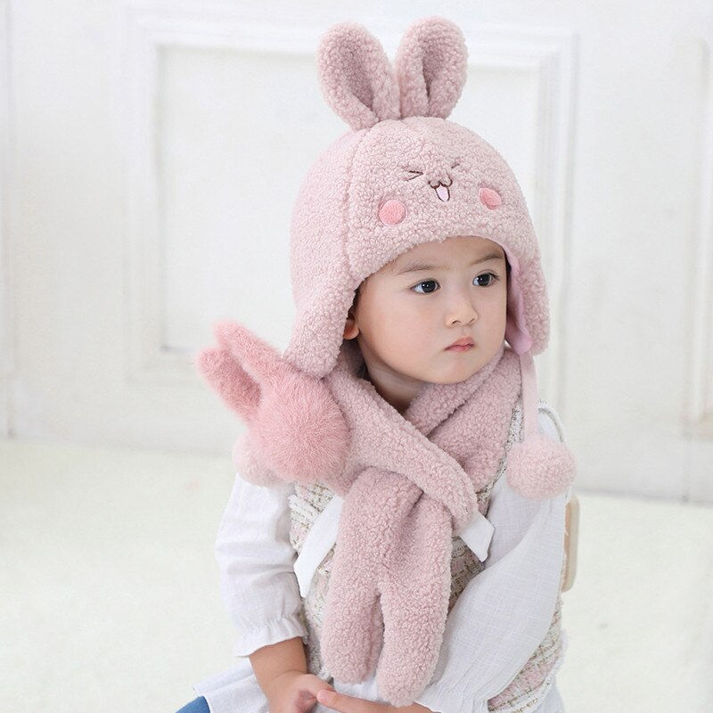 Traje de cuello y gorro de bombardero para bebé, otoño e invierno, dibujos animados para niños, niño y niña, juegos de gorro y bufanda gruesos y cálidos: rabbit pink