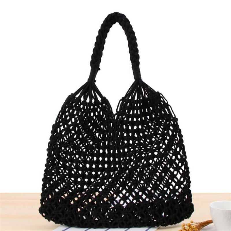 Bolsa de paja hueca Bolsa tejida Bolsos Bosque hembra Malla Cuerda Tejido Hebilla Red reticulada Bolsa de hombro hecha a mano Bolsos de playa: Black