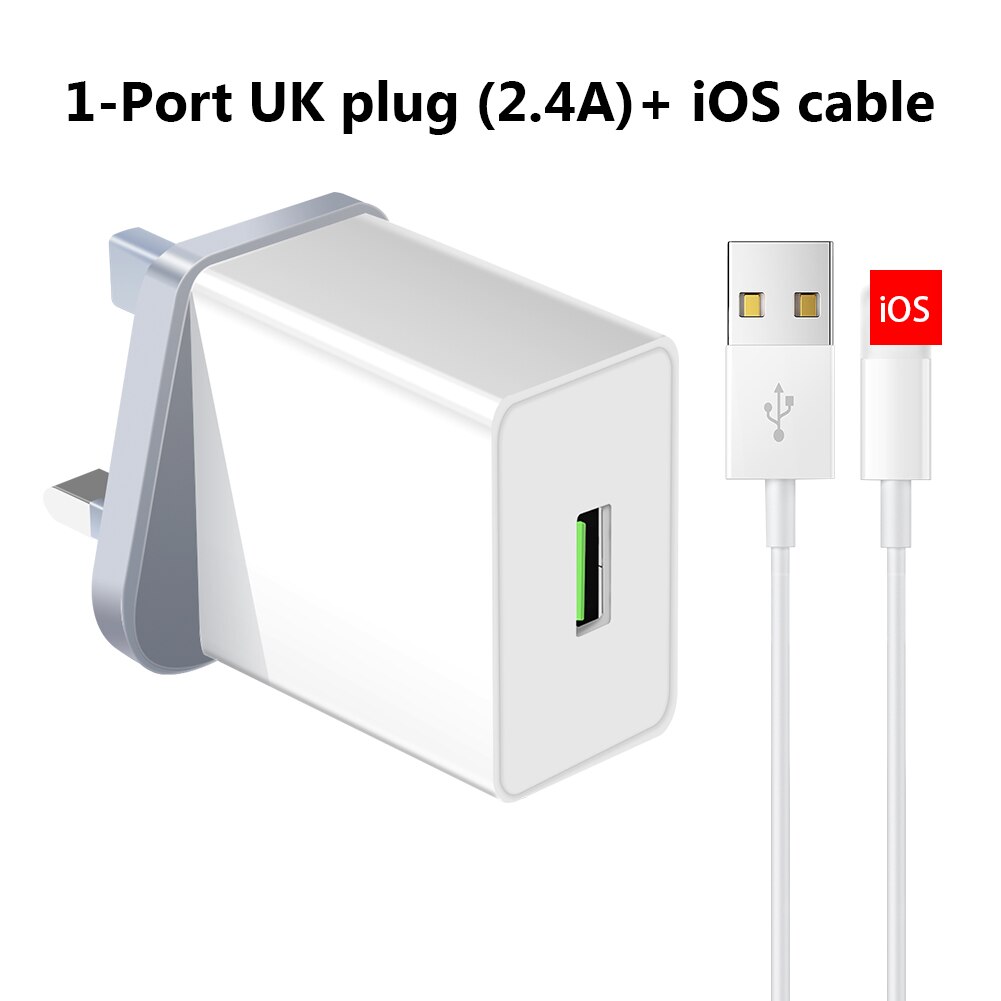 5V 2.4/3A Uk Plug 1/4 Usb-poort Adapter Mobiele Telefoon Lader Apparaat Quick Lading Qc 3.0 mobiele Telefoon Oplader Fast Charger: 1 usb Lightning cord
