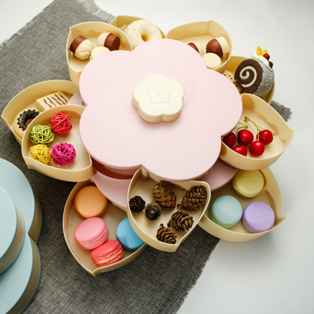 Dubbele Lagen Snack Doos Plastic Lui Fruitschaal Snoep Platen Bloemblaadje-vorm Roterende Trays Doos Gedroogd Fruit Organizer doos