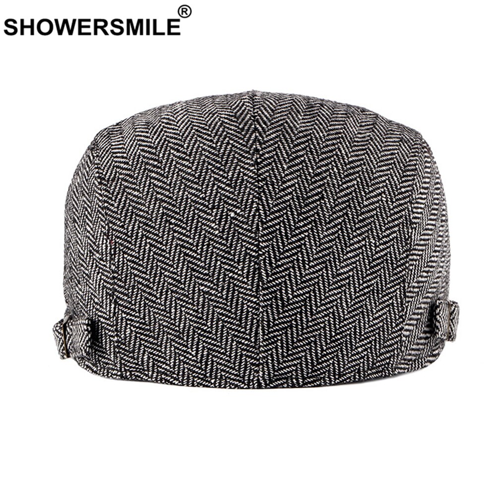 SHOWERSMILE Flat Cap Mens Beret Herringbone Irish Cap British Style Vintage Male Adjustable Black Gray Spring Autumn Cabbie Cap