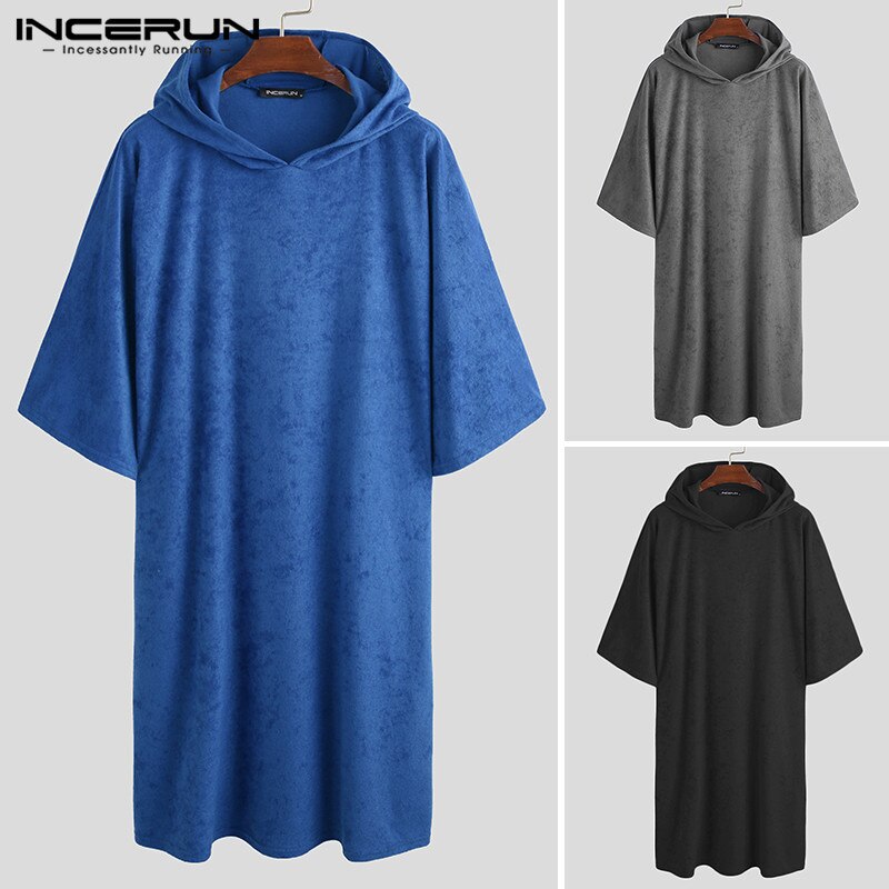 Men Bathrobes Solid Hooded Half Sleeve Leisure Towel Robes Comfortable Homewear Mens Nightgown Bathrobes Poncho INCERUN S-5XL