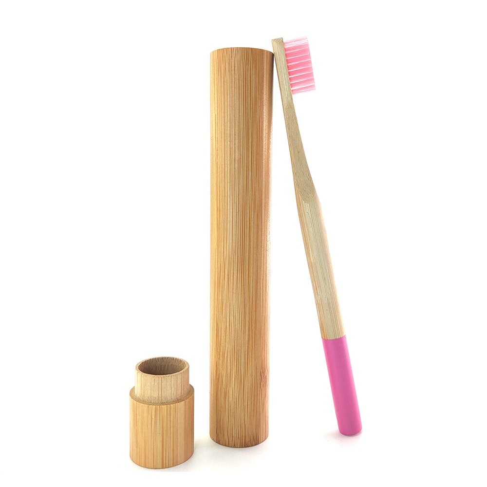Degradable Bamboo Toothbrush with Natrual Bamboo Straw Case Eco-friendyly Portable Travle Toothbeush Set for Teeth care: Pink