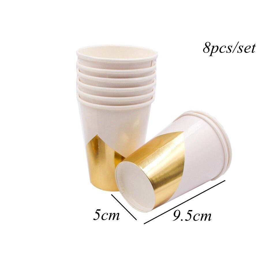 1 set vitguld marmor pappersmugg/tallrikar/servett rand engångsservis dukat bordsdekoration för bröllopsfesttillbehör: 8 st vitguldkopp