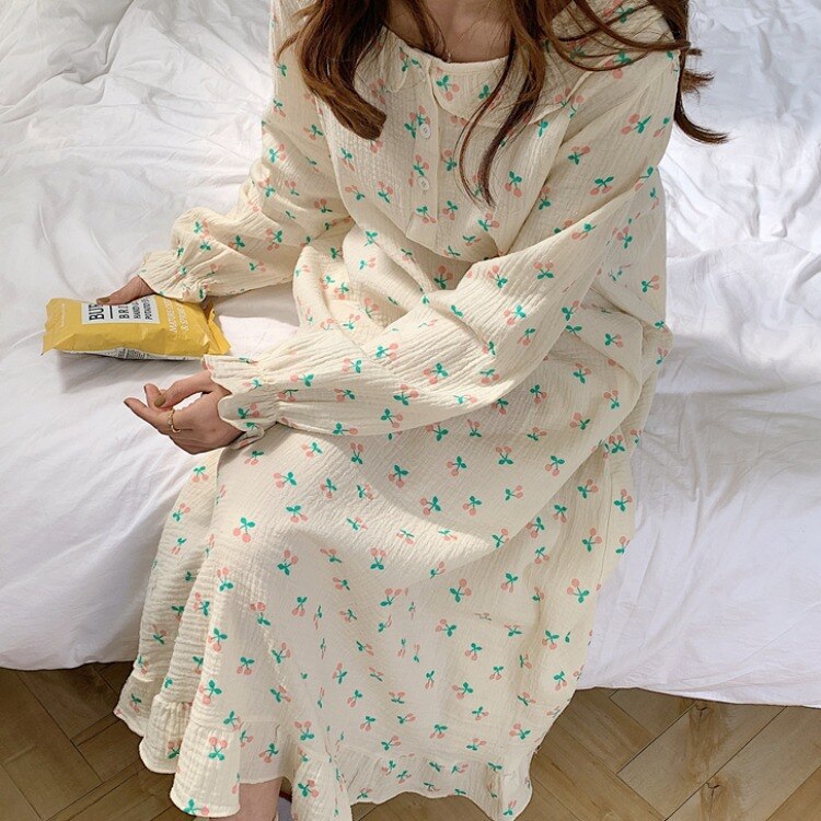 Vrouwen Nachthemd Koreaanse Stijl Lange Mouw Losse Pop Kraag Cherry Thuis Kleren Meisje Nachtkleding