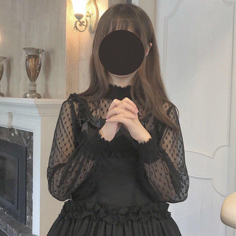 Söt vild lolita skjorta spets lykta ärm dam blusar chiffong knopp mesh gasväv blus inuti spets topp: 45 svarta hjärtan