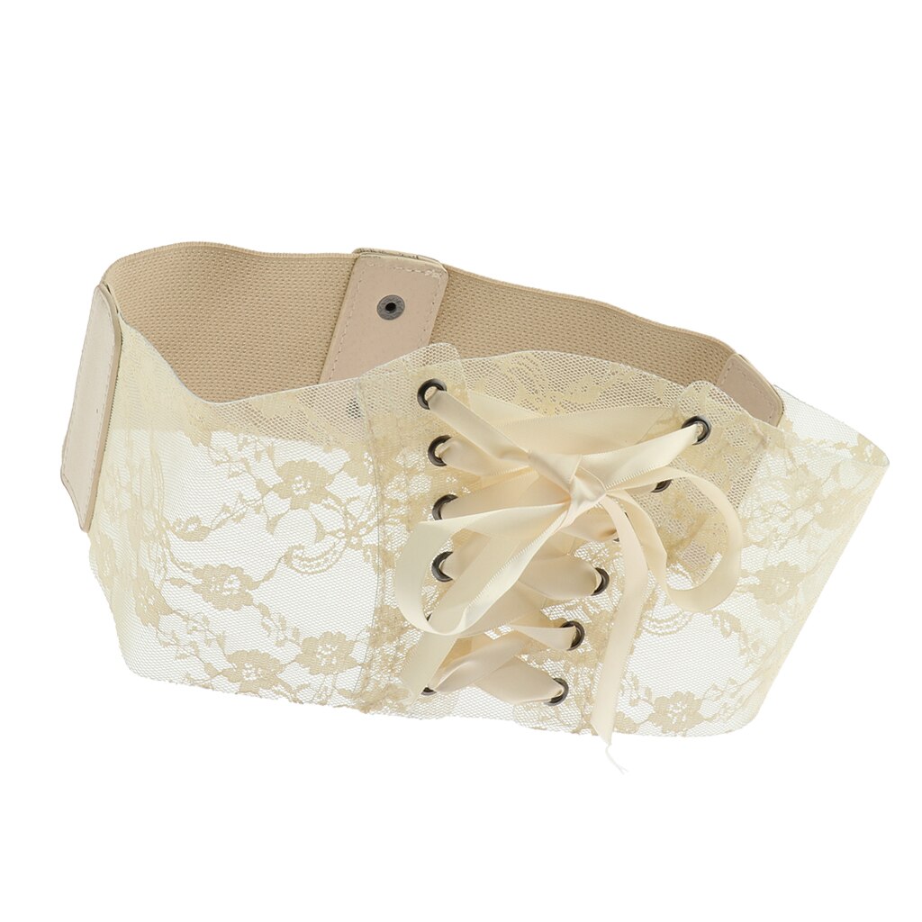 Cinturón ancho de encaje tipo corsé negro y beige para mujer, tipo obi, con lazo para la cintura, accesorio decorativo para vestido de novia.: Beige