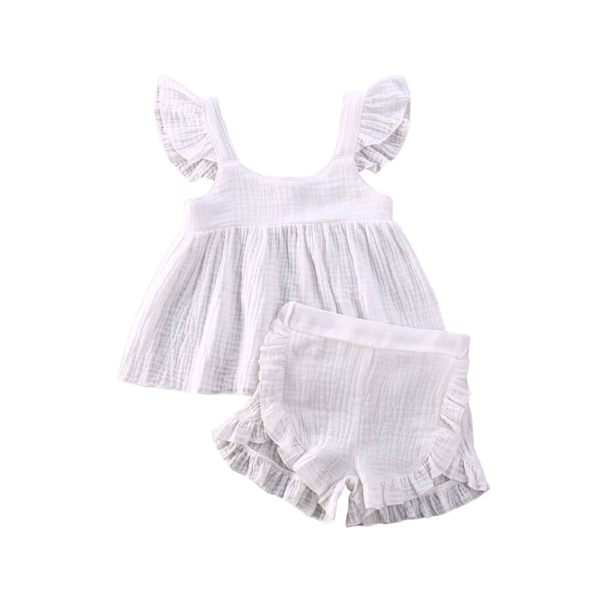 Vêtements d'été pour bébés, ensemble de 2 pièces pour bébés filles, en coton et en lin, chemise hauts haut et short en PP, tenue de soleil solide, tendance: WHITE / 12M