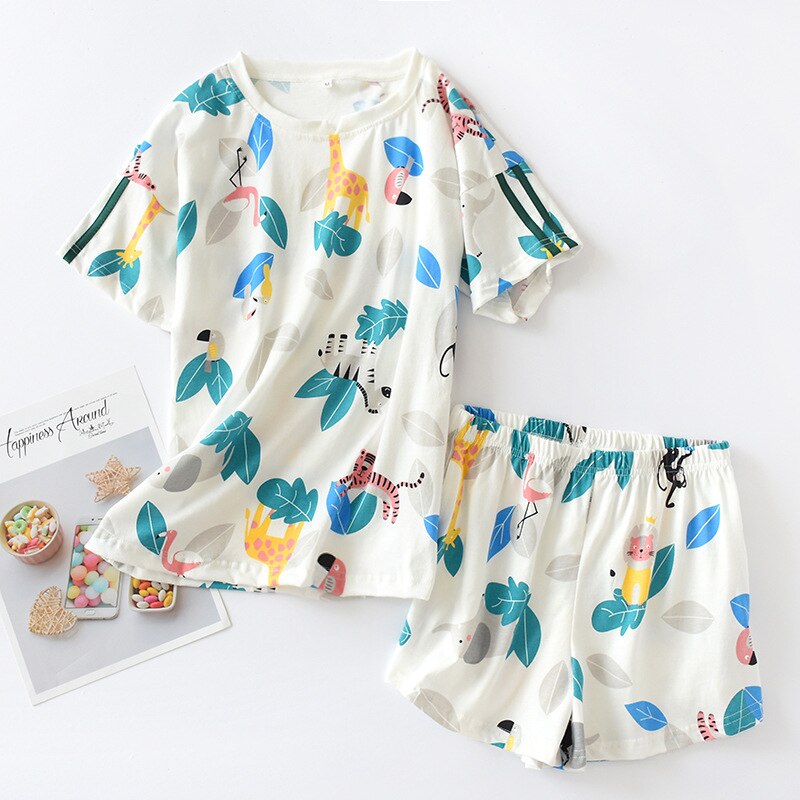Juli's lied casual katoenen nachtkleding dames pyjama sets korte mouwen nachtkleding meisjes shorts ronde hals cartoon bedrukte pyjama: Kleur 01 / Ik