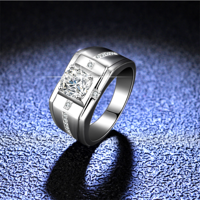 925 Kleurvast Sterling Zilveren Heren Ring D Kleur Mosan Diamant Vier Klauw Ring Wedding Engagement