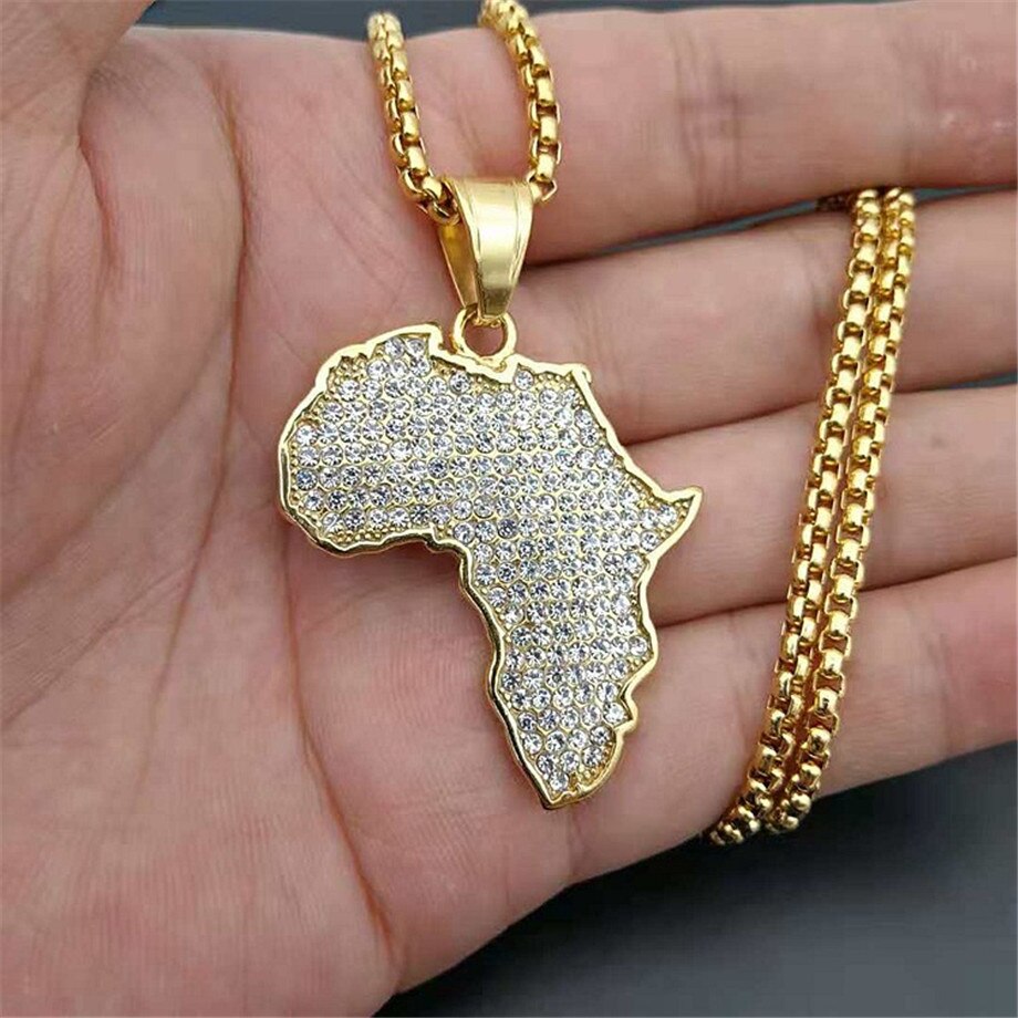 Hip Hop Iced Out Afrikaanse Kaart Kettingen Hangers Gouden Kleur Rvs Ketting Voor Vrouwen/Mannen Ethiopische Sieraden Afrika XL1224