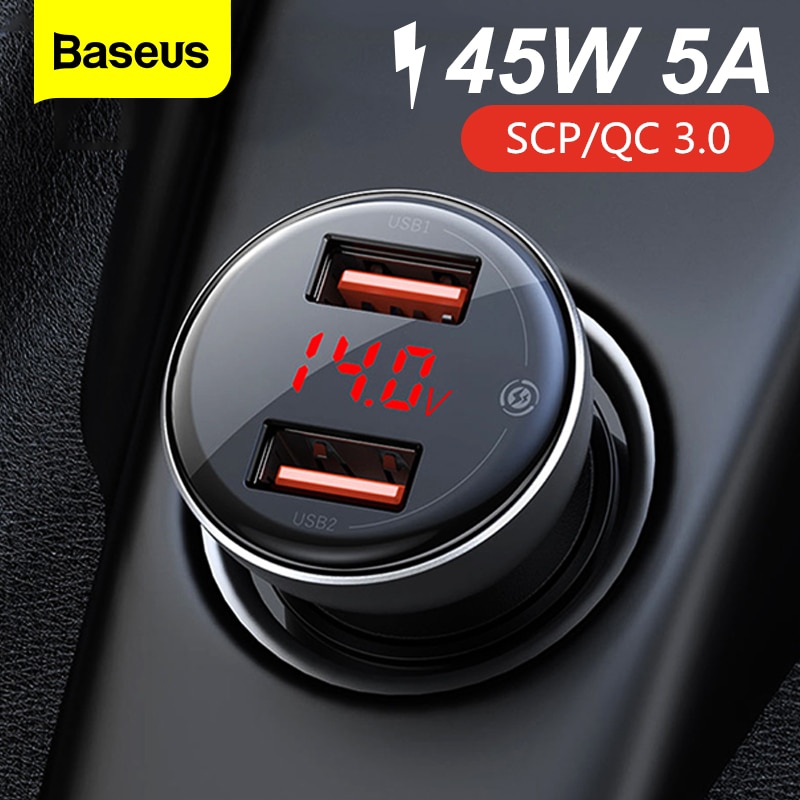 Baseus 45W Car Charger Metal Dual USB Quick Charge 4.0 3.0 USB Charger SCP QC4.0 QC3.0 Fast Charging For iPhone Xiaomi Huawei