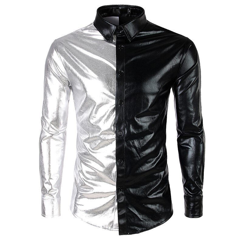 Natklub patchwork disco dance toppe mærke skjorte guld sliver kostume fest herre metallisk skinnende slim klubtøj