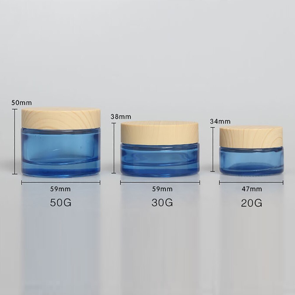 20G blauw glazen fles houten vorm deksel voor nachtcrème cosmetische verpakking glazen pot in voorraad