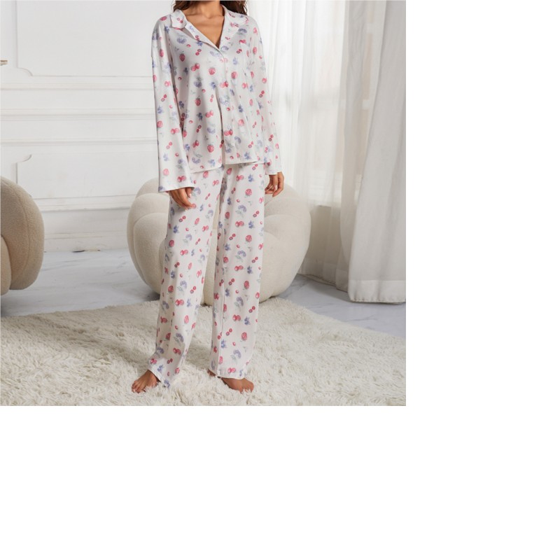 Dame afslappet gul pyjamassæt langærmet knaplukning skjortelomme blomsterprint frugtprint løse vide ben bukser pyjamas s-xxl