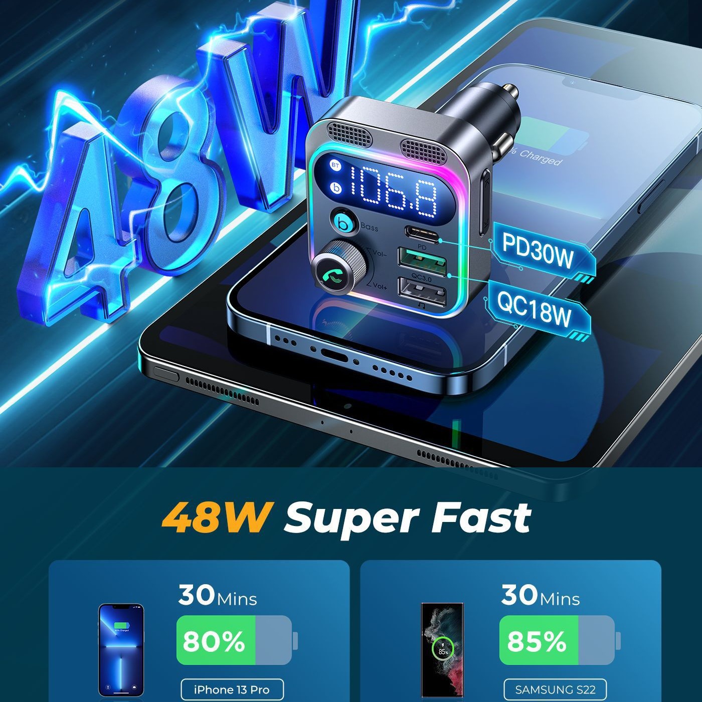 Transmisor FM Bluetooth para coche, transmisor FM Bluetooth 5,3, cargador de 3 puertos para coche, cargador rápido FM/AUX, accesorios electrónicos