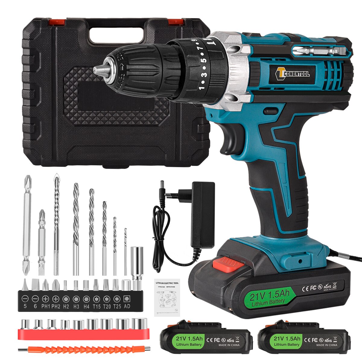 CONENTOOL – Kits de perceuse sans fil 21V, tournevis électrique 34 pièces brossé avec calibrage Horizontal, piles au Lithium, boîte à outils domestique: Default Title