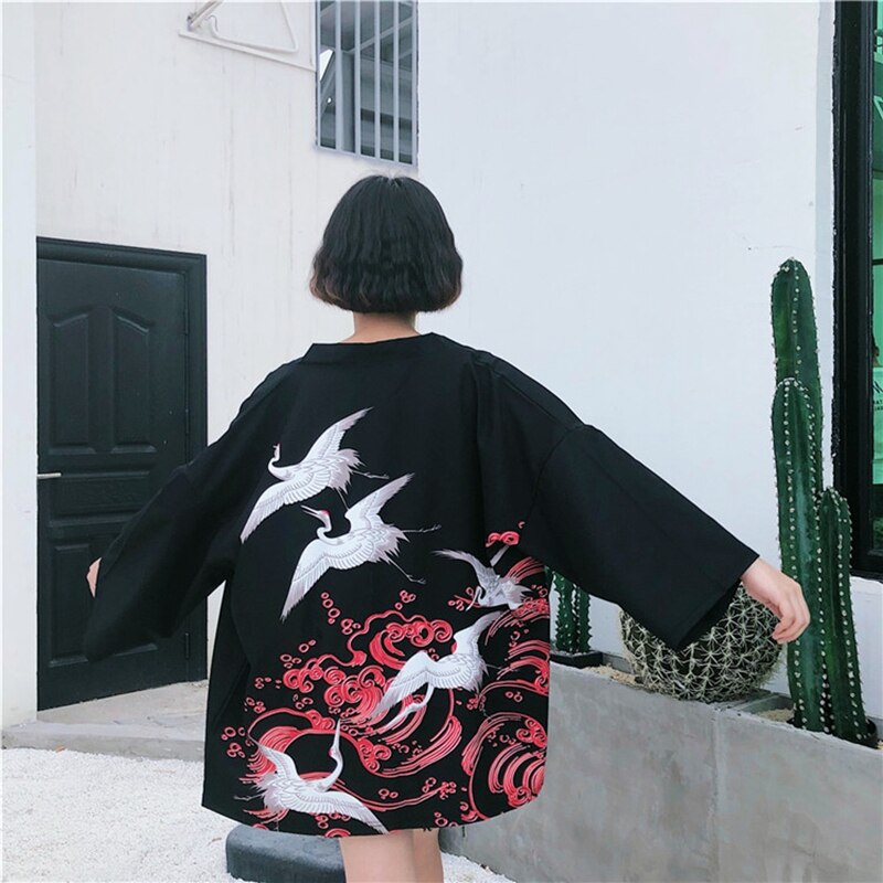 Japanese kimono traditional obi feeling Crane pattern clothing kimomo japanese cardigan kimono japones women haori: black