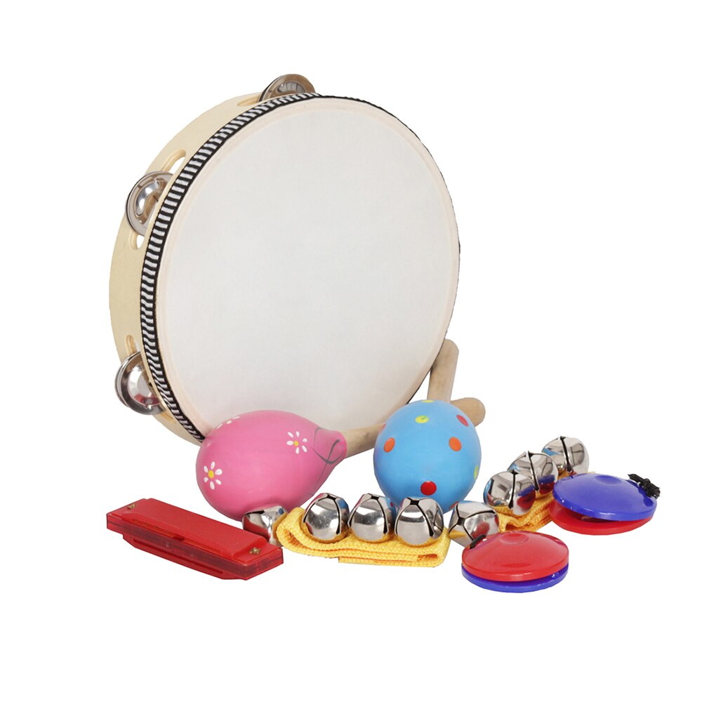 8pcs/set Maracas Castanets Handbells Harmonica Tambourine Musical Toys Percussion Instrument Band Rhythm Kit for Children Kid