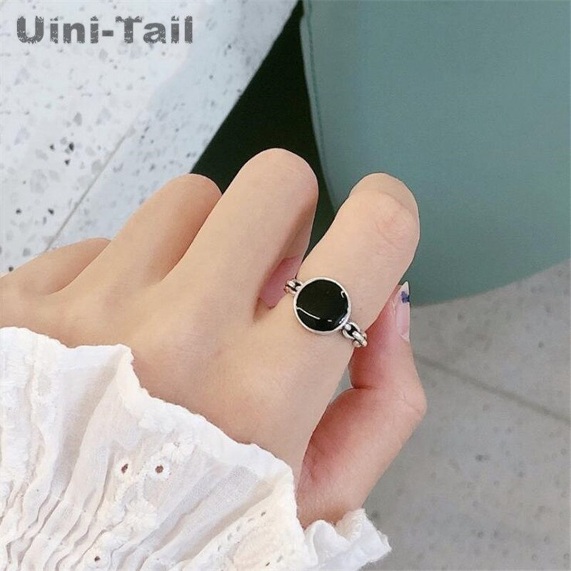 Uini-Tail 925 Plata Simple negro redondo abierto anillo personalidad tendencia Retro alta joyería de ED673