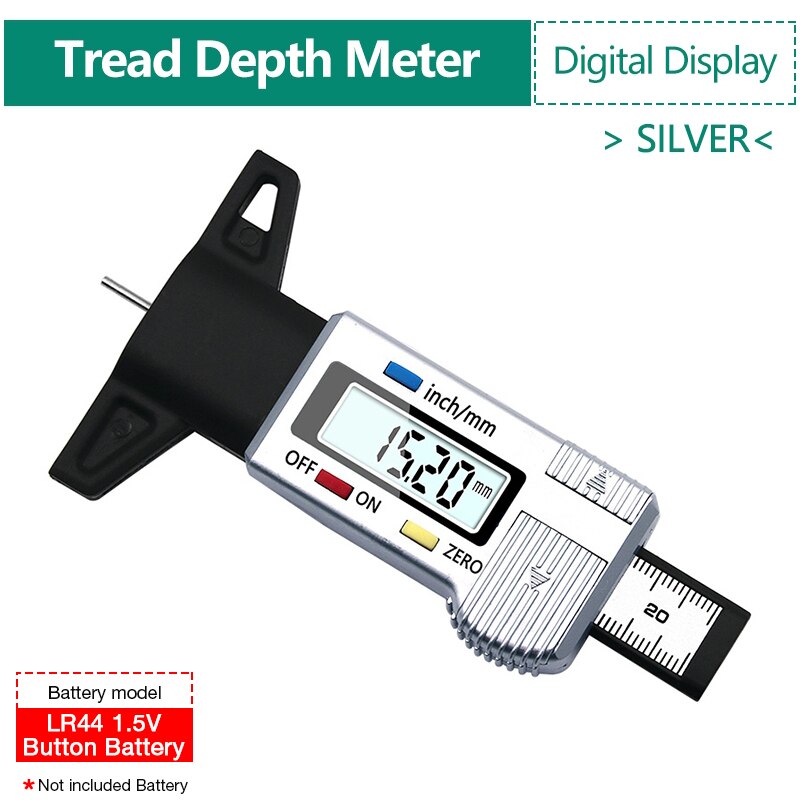 Digital Car Tyre Tire Tread Depth Gauge Meter Auto Tire Wear Detection Measuring Tool Caliper Thickness Gauges Monitoring System: Silver