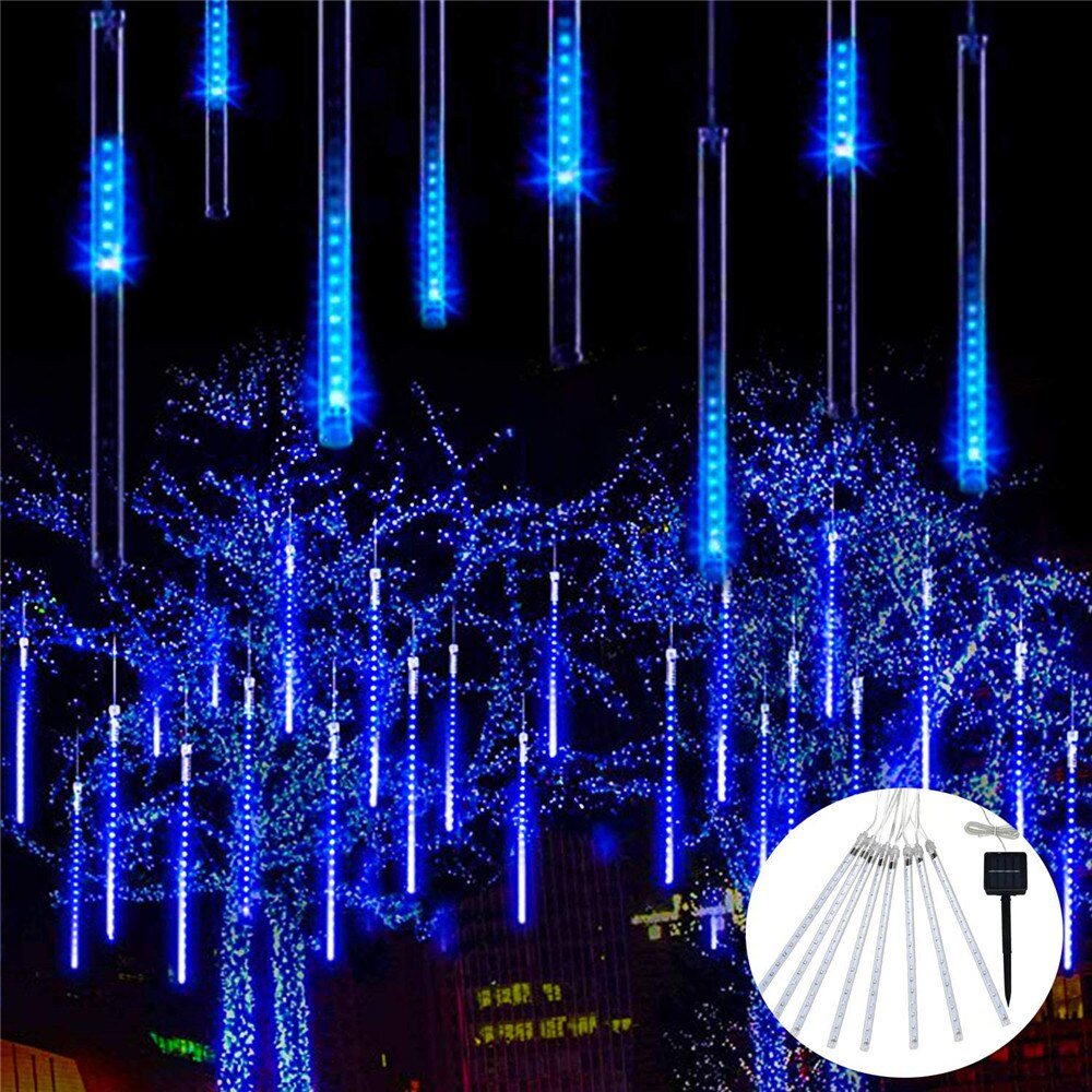 Guirlande lumineuse solaire à led avec pluie de météores et glaçons pour noël, idéale pour une fête, une décoration de patio ou de maison: Bleu / 30cm 144 leds