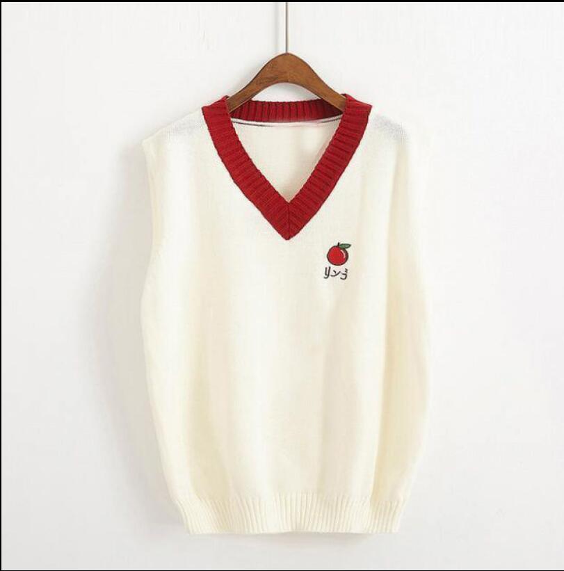 Pull gilet femmes sans manches à la col en v étudiant broderie Patchwork tout-match populaire Feminino Simple doux tricot Kawaii: red / S