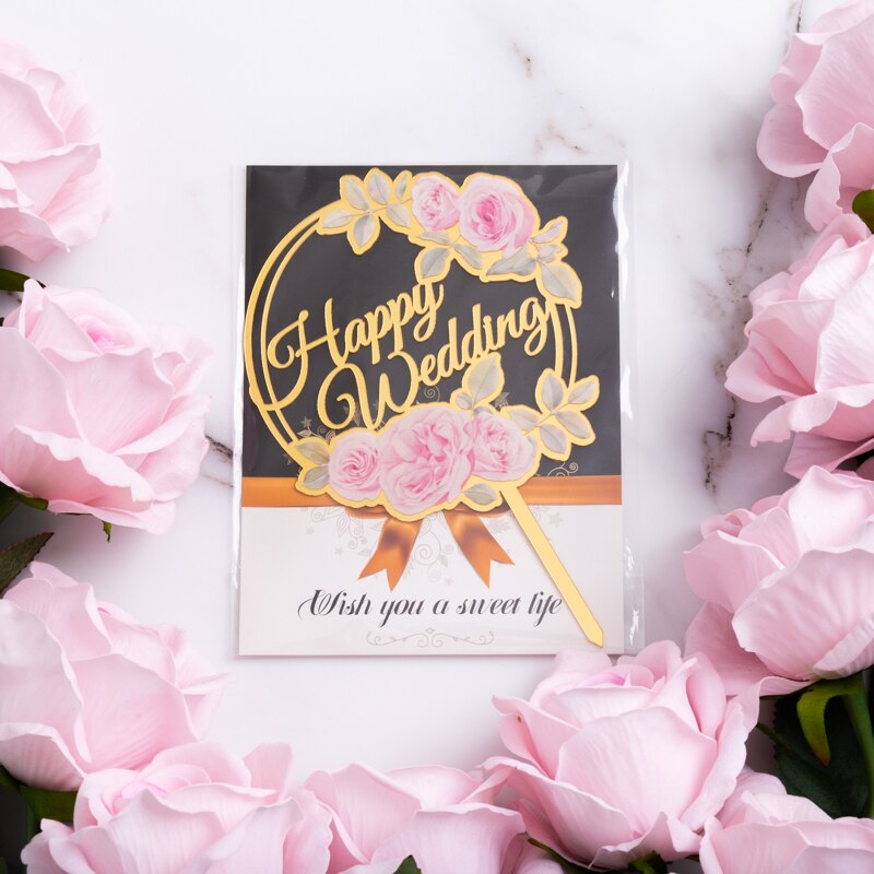 】acrylic Wedding Cake Topper Mr &amp; Mrs Happy Wedding Cake Decoratie Rose Serie: Happy Wedding  Gold