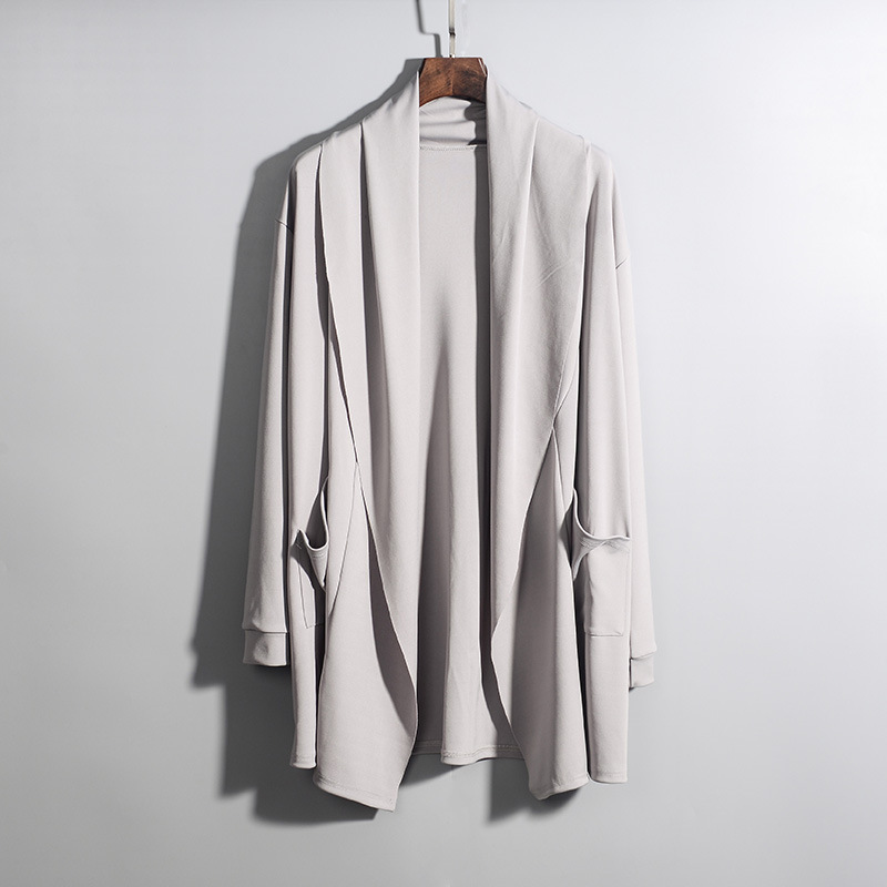 Chaqueta larga informal para hombre, abrigo japonés de Color sólido, rompevientos asimétrico, solapado, cuello chal, Parte delantera abierta, Tops: Gris claro / M
