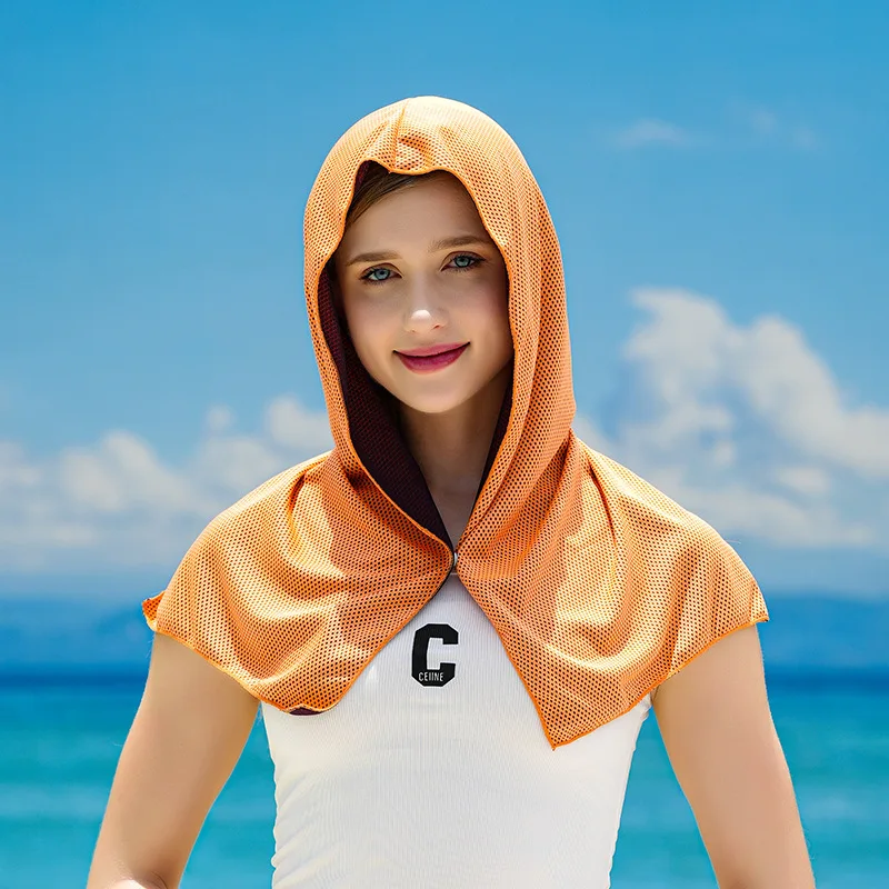 Zomerkoeling Hoodie Handdoek Zweet-Absorberende Koele Anti-Uv Fietsen Zachte Koude Detectie Sneldrogende Sjaal Voor Fitness Wandelen Vissen: Oranje