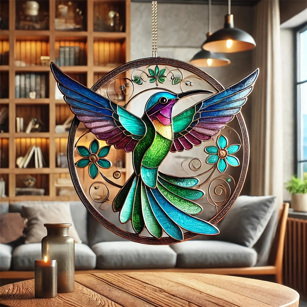 Acrylic Colorful Hummingbird Sun Catcher Rainbow Bird Wind Chimes Crafts Hanging Decor for All Seasons Home Garden Decoration