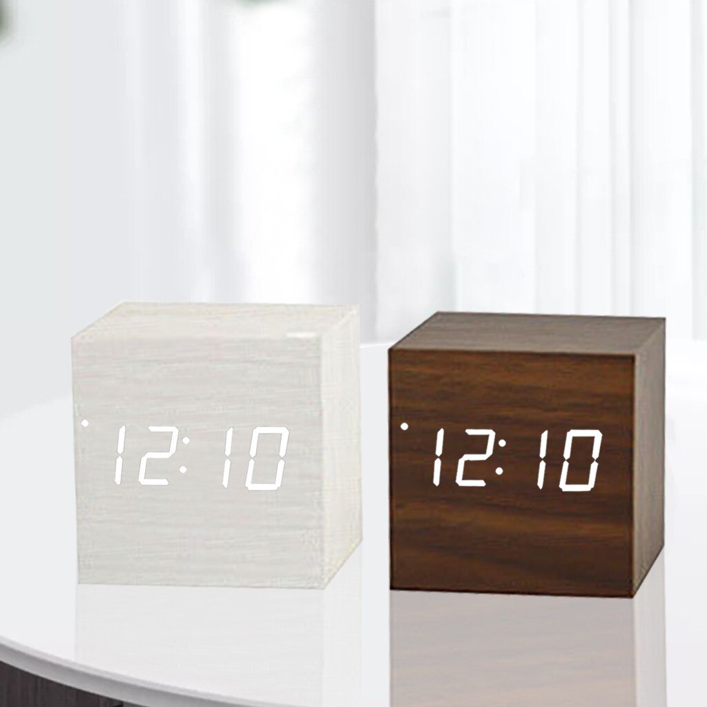 Voice Control Led Clock Luminous Square Wooden Clock Wooden Alarm Clock Silent Temperature Alarm White/Black/Brown