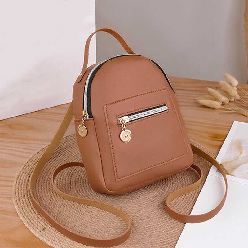 Mini sac à dos sac à bandoulière en cuir synthétique polyuréthane pour femmes pour adolescentes enfants petit sac à dos femme dames école sac à dos: brown