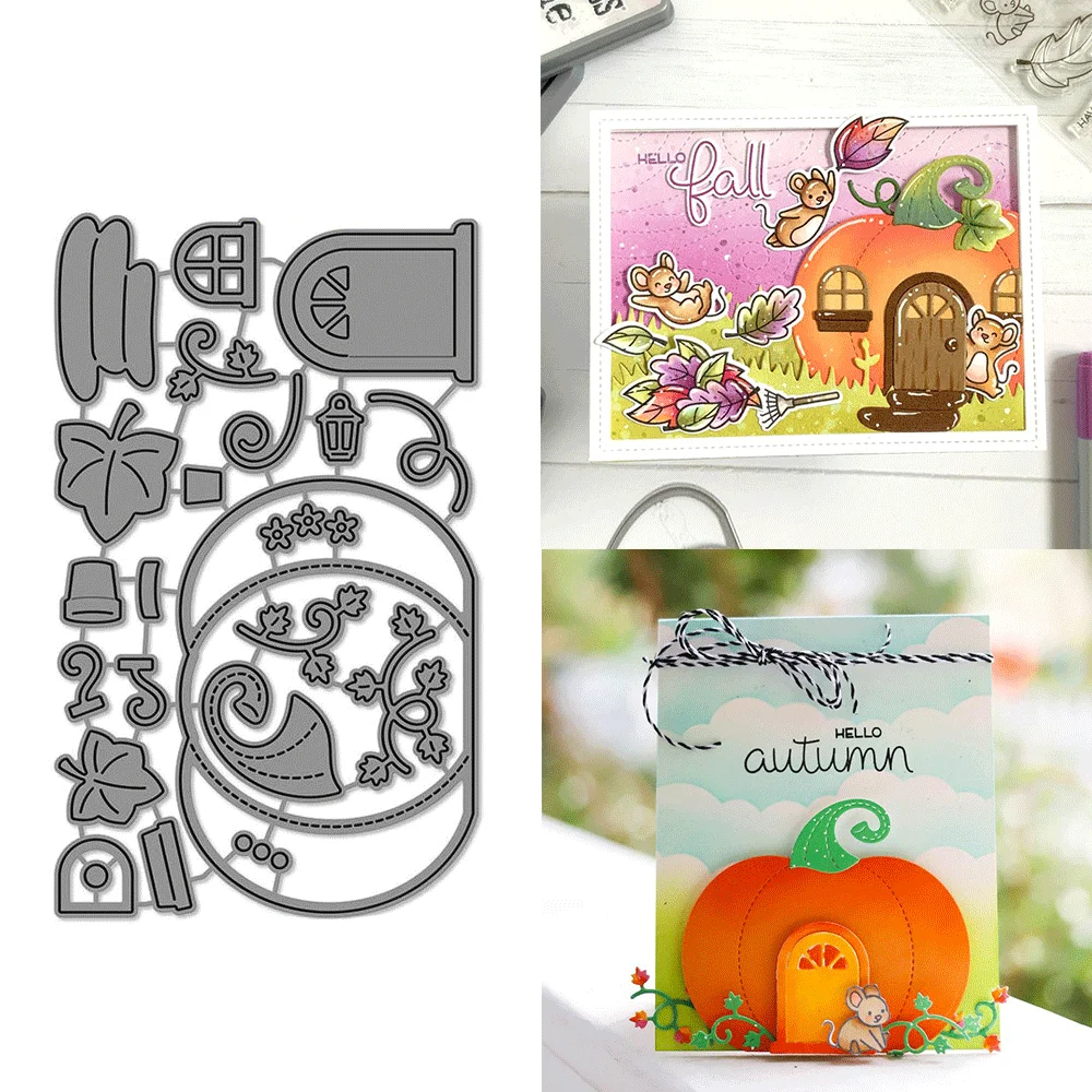 Troqueles de corte de Metal con marco de ventana de hojas de caída de casa de calabaza, troquelado en relieve para hacer tarjetas DIY, suministros para manualidades de álbumes de recortes: Verde militar