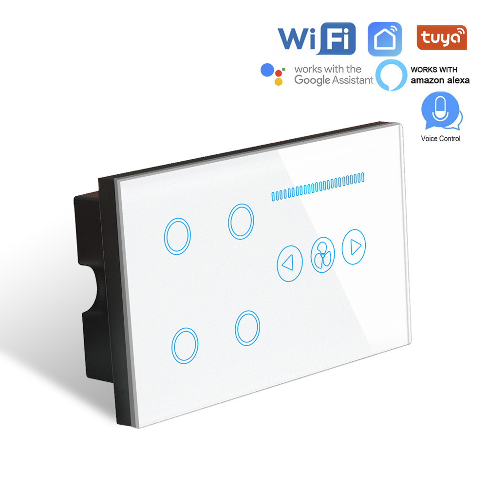 Smart WIFI Switch 4 gang WIFI light switch with wifi Ceiling Fan Switch,White Crystal Glass Panel,Work alexa,google