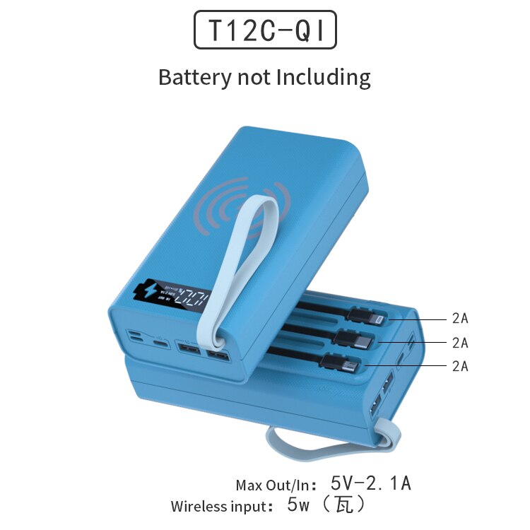Blaues ladegerät-akkugehäuse, 12*18650 akkuhalter, ladebox pd -qi 10w 12v-1.5a, diy-powerbank für handy, drei usb-anschlüsse: T12c- qi-blau
