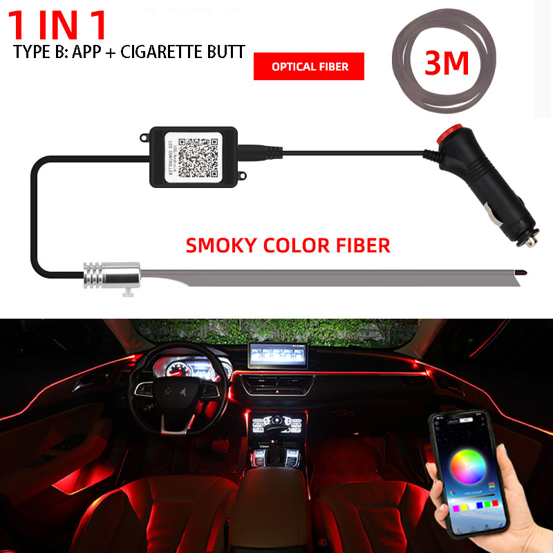 Luces decorativas para Interior de coche, tiras LED RGB de neón, 1/2 en 1, Bluetooth, controlado por aplicación, luces de fibra óptica USB, 12v: Cristal azul