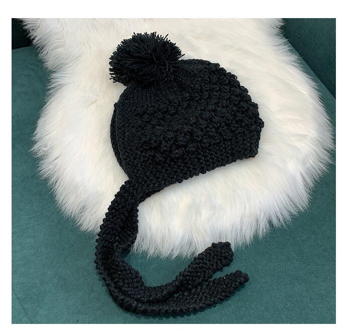 Ushanka-gorro de algodón tejido a mano para mujer, gorros gruesos y cálidos con Protector de orejas, para otoño e invierno,: Negro