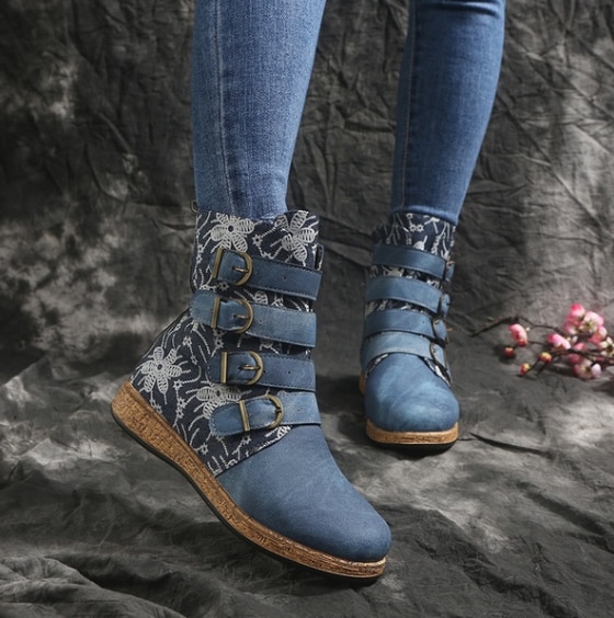 ¡Novedad de ! Botas de Mujer Socofy con estampado Retro de hebilla de Metal, Botines de piel sintética con cremallera, botas de plataforma para Mujer