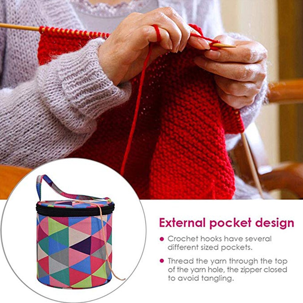 Printed Cloth Weaving Crochet Tote Zipper Closure DIY Craft Knitting Bag Anti-winding Home Portable Yarn Storage With Handle