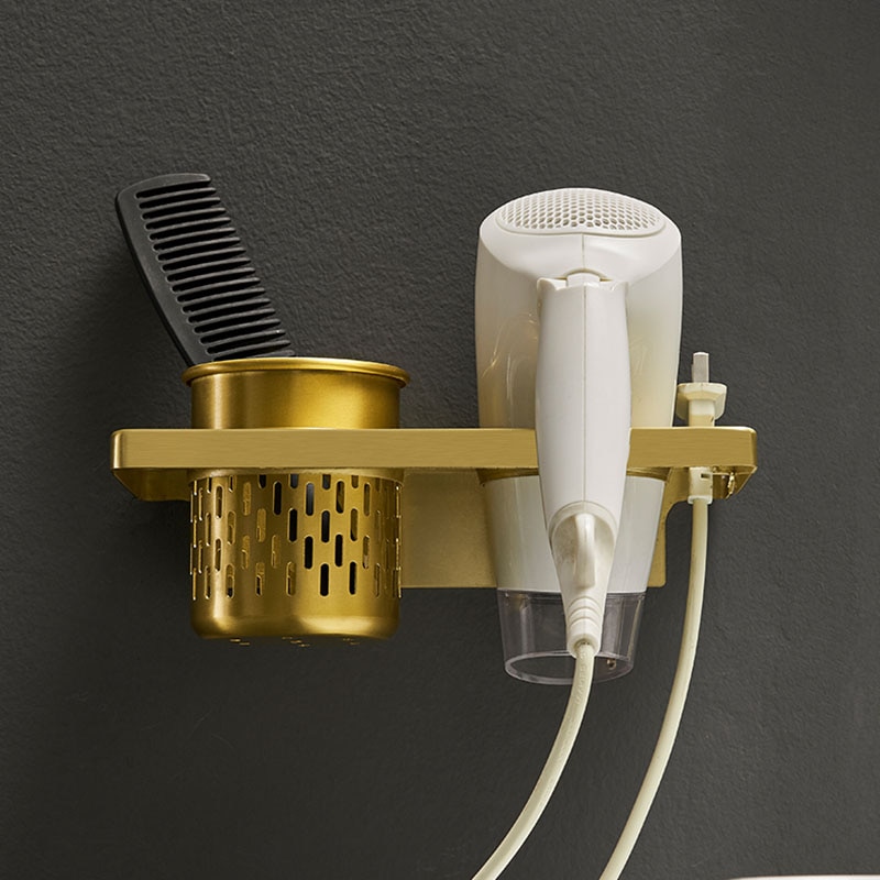 Brushed Gold Aluminum Bathroom Hair Dryer Rack Wall Mounted Bathroom Shelf Storage Bathroom Accessories