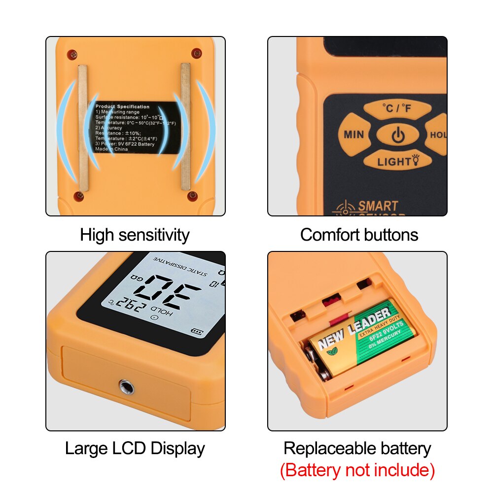 Smart sensor Portable LCD display surface resistance meter tester Handheld Surface Resistance Meter with Data Holding function