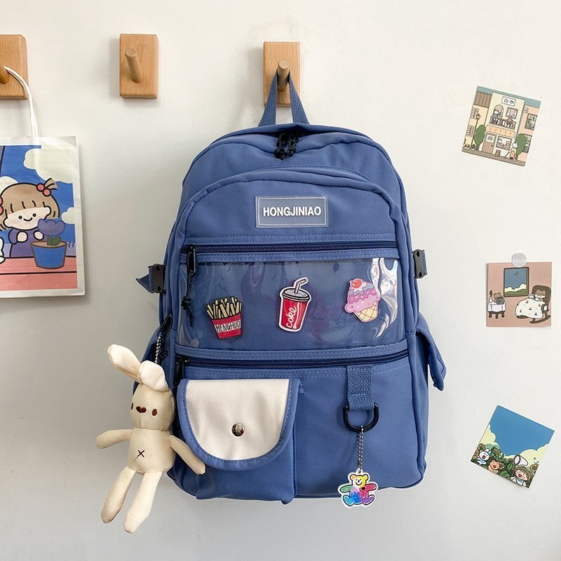 Mochila Coreana de gran capacidad para mujer, bolso escolar de bolsillo transparente para adolescentes, bolso de viaje de estilo Preppy a la: Azul / Only-Bag
