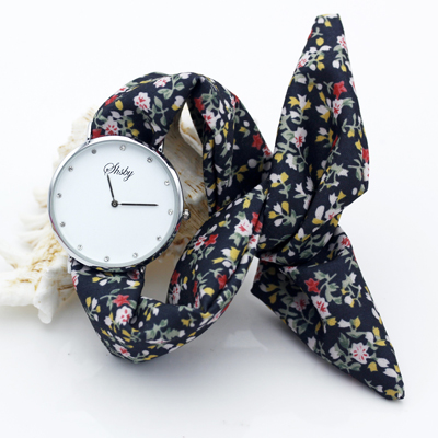 Shsby märke dam blomma tyg armbandsur strass silver kvinnor klänning klocka tyg klocka söt flicka armband klocka: Svart