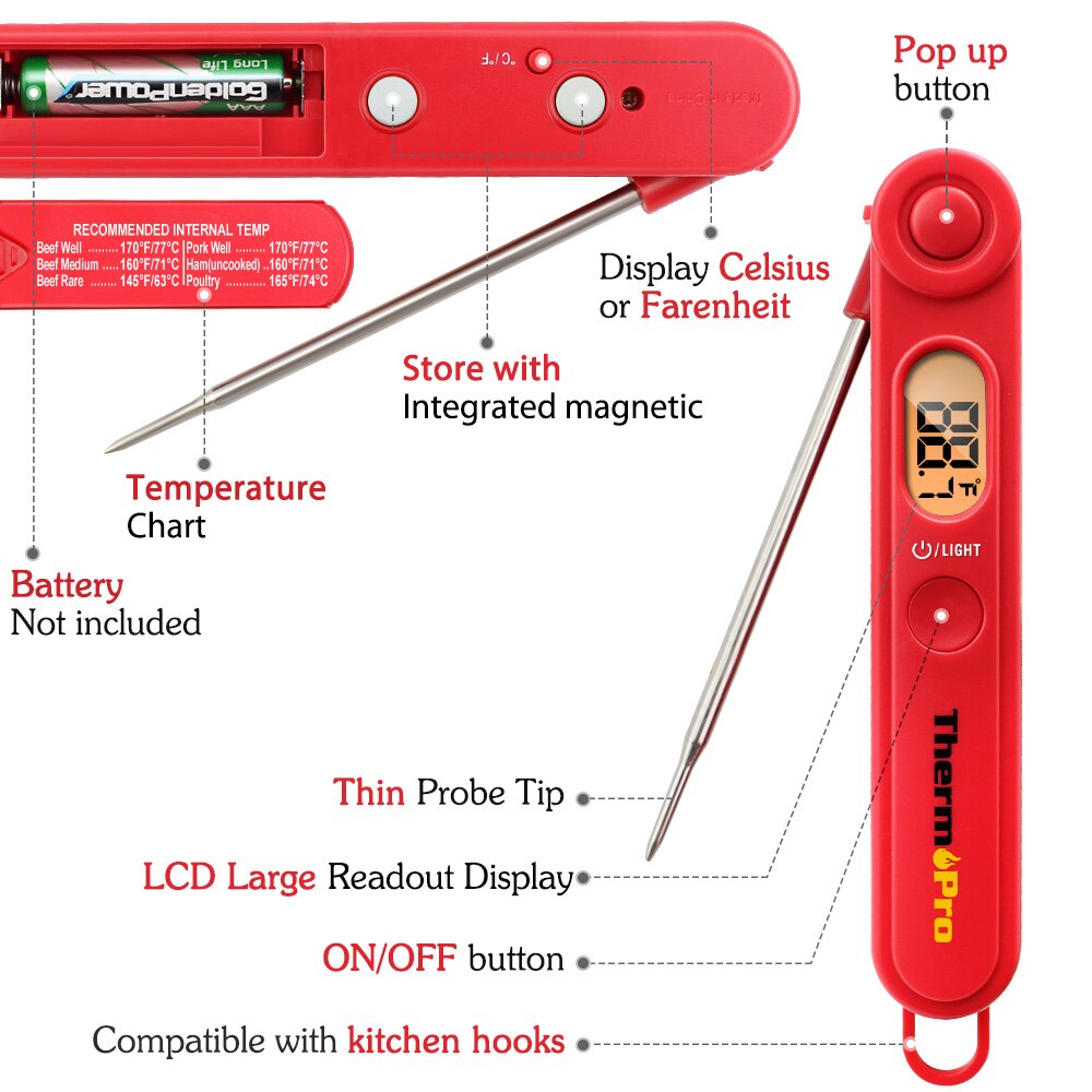 Original ThermoPro TP03A Ultra Fast Digital Instant Read Food Cooking Meat Thermometer with 11 CM Stainless Steel Probe