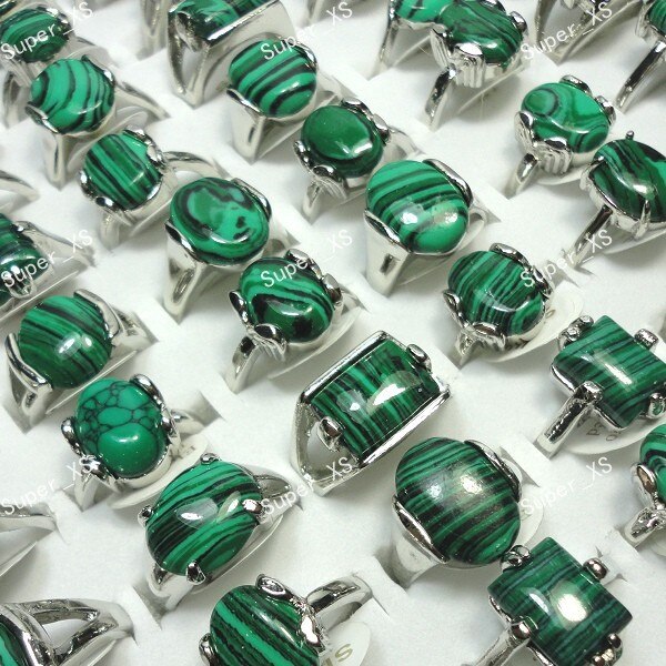 15 stks Hele Sieraden Bulk Veel Mix Groen Malachiet Stone Verzilverd Ring Voor Vrouwen Mannen Mode-sieraden LR524
