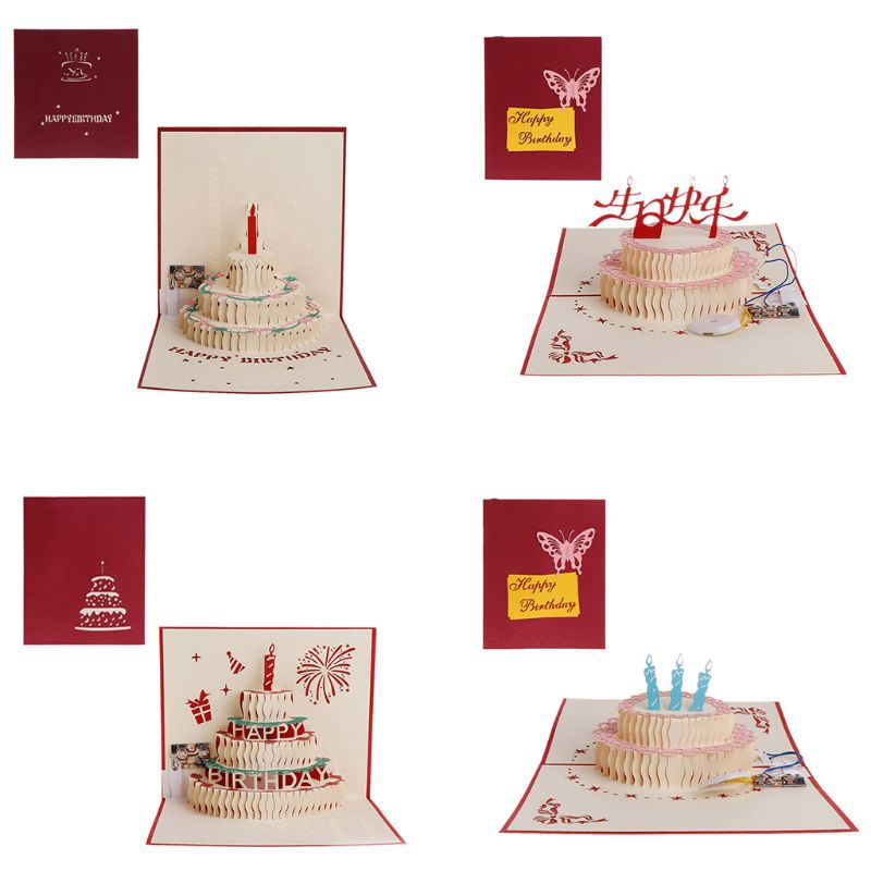 Tarjeta de felicitación Pop Up 3D tarjeta de felicitación de pastel de feliz cumpleaños música LED postal con sobre
